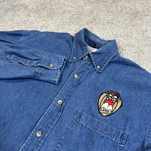 VTG‎ 90s Looney Tunes Taz Denim Shirt S Blue Embroidered Warner Bros 1992